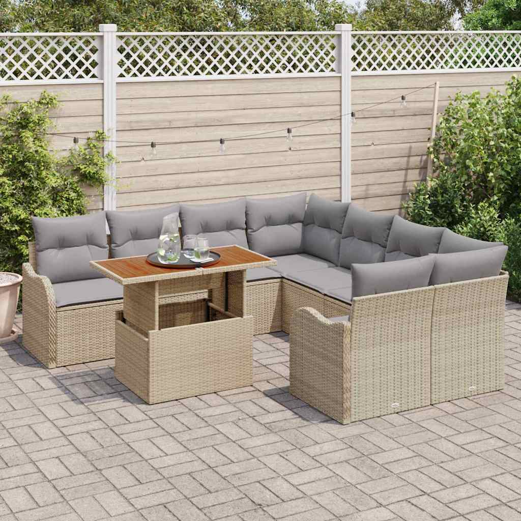 Garten-Sofa-Set mit Speicher 9 pcs Beige Poly Rattan
